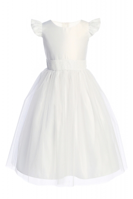 White Sequin Flutter Sleeve Dress with Satin Bodice